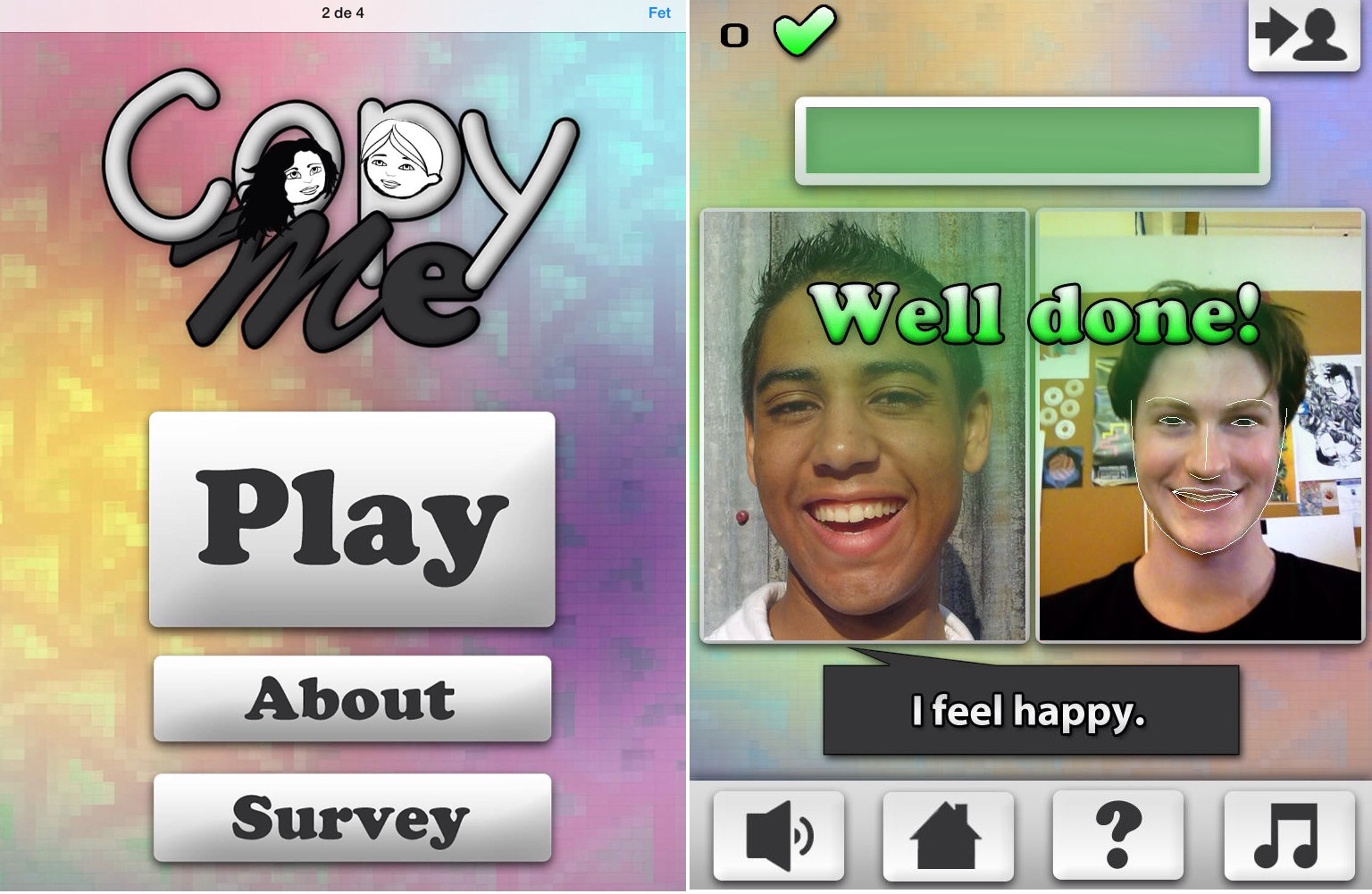CopyMe aplicación gratuita para iPad para la imitación y reconocimiento de emociones.